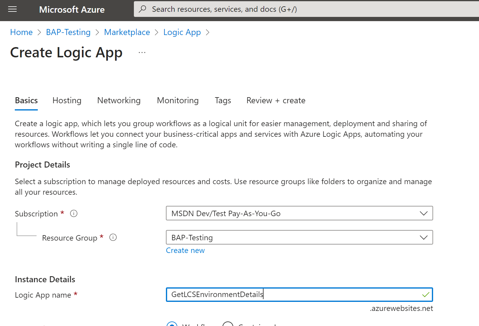 Screenshot that shows a logic app being created in the Azure portal Screenshot that shows a logic app being created in the Azure portal.