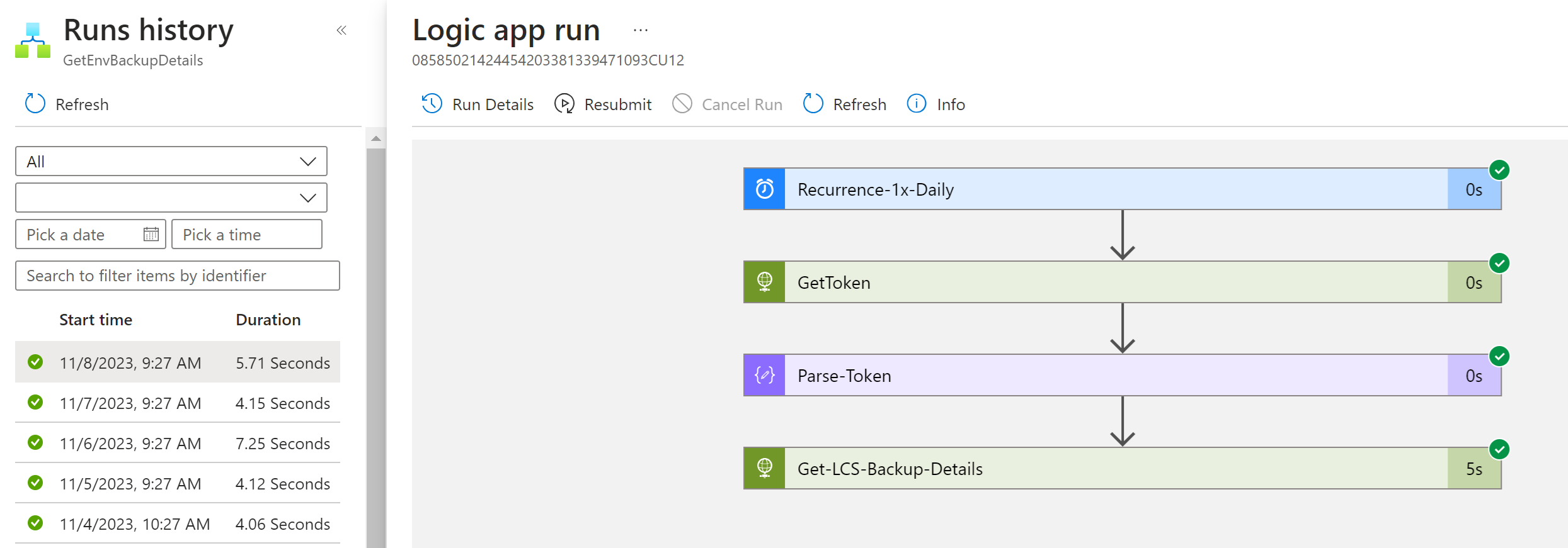 Screenshot that shows the logs being reviewed in Logic Apps Screenshot that shows the logs being reviewed in Logic Apps.