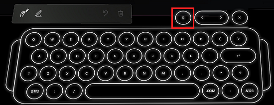 Schermopname van het holografische toetsenbord met de knop Microfoon gemarkeerd voor de dicteeroptie Schermopname van het holografische toetsenbord met de knop Microfoon gemarkeerd voor de dicteeroptie.