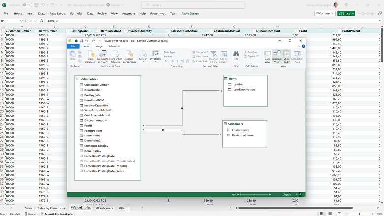Voorbeeld van hoe u gegevens kunt modelleren met PowerPivot in de Excel-indeling.