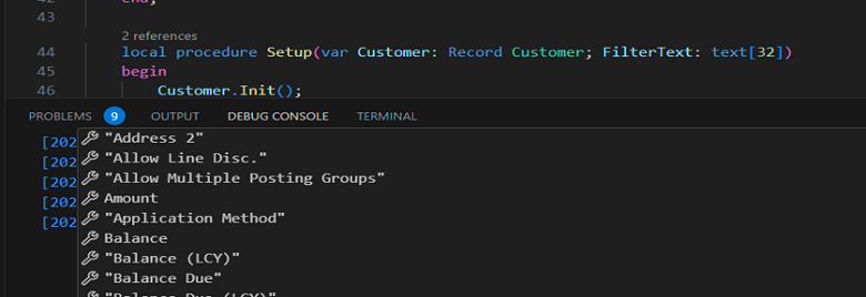 Gebruik IntelliSense om AL-variabelen toe te voegen en te controleren in de foutopsporingsconsole van Visual Studio Code.