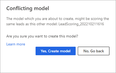 Schermopname van de waarschuwing die wordt weergegeven wanneer een nieuw model conflicteert met een bestaand model.