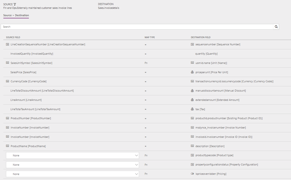 Template mapping in Data integration for SalesInvoiceLine.