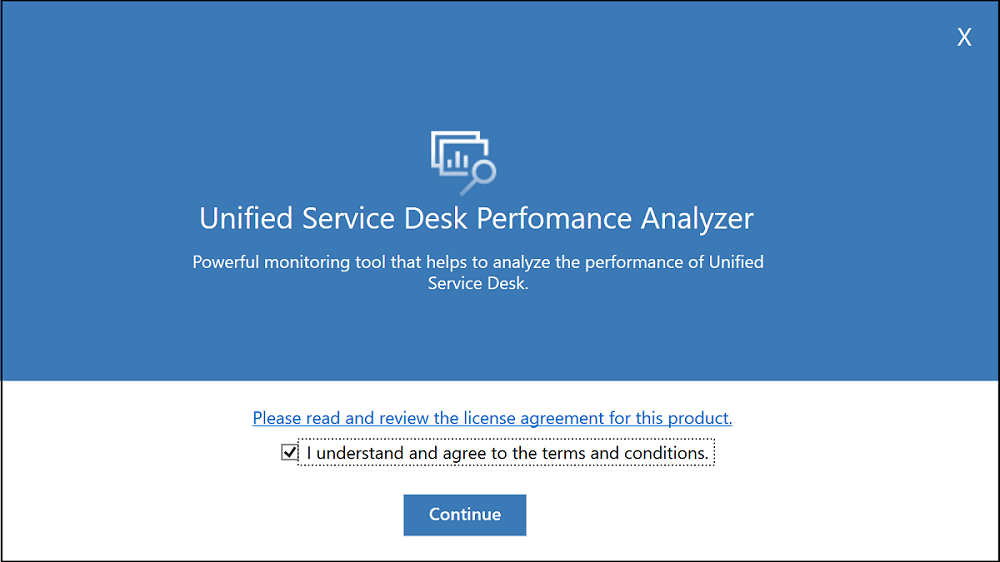 Welkomstscherm van de Unified Service Desk Performance Analyzer.