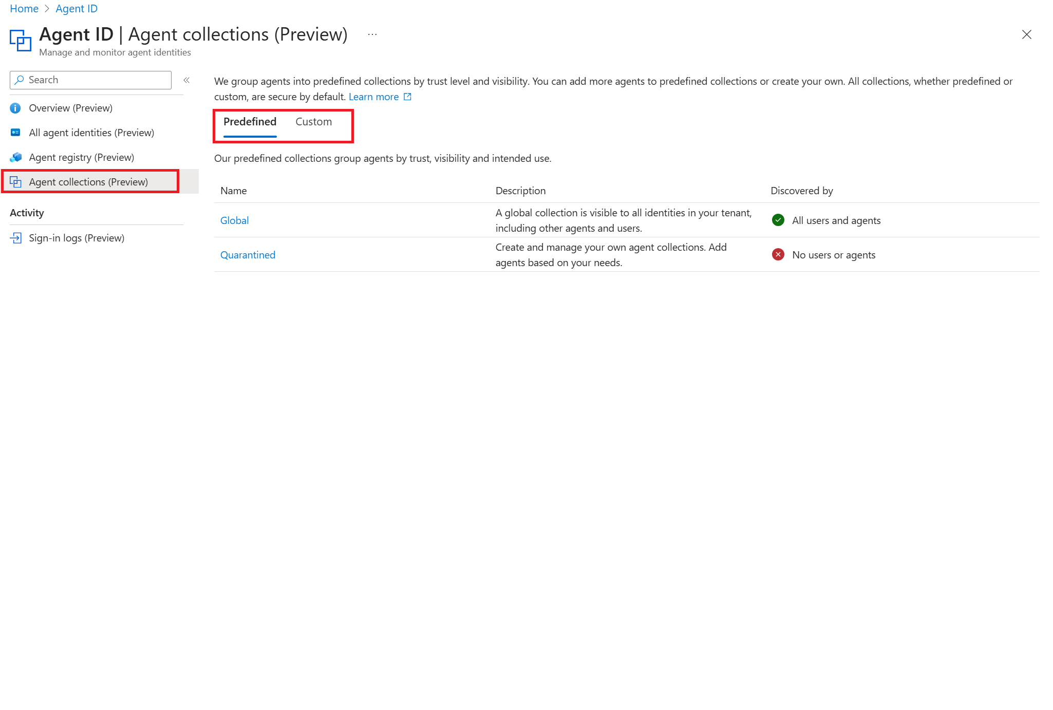 Schermopname van de weergave Agentverzamelingen met vooraf gedefinieerde en aangepaste tabbladen.