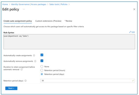 Schermopname van het tabblad Beleid voor automatische toewijzing maken in het dialoogvenster Beleid bewerken.