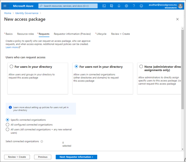 Schermopname van instellingen en opties onder Identity Governance, Nieuw toegangspakket.
