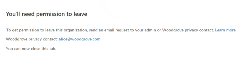 Schermopname van het bericht wanneer u toestemming nodig hebt om een organisatie te verlaten.