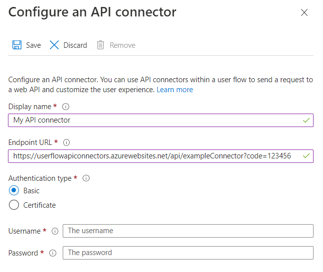 Schermopname van het configureren van een API-connector.