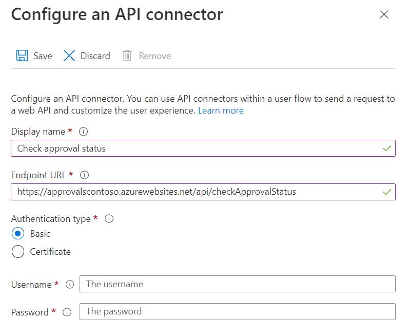 Schermopname van de configuratie van de API-connector voor goedkeuringsstatus controleren.