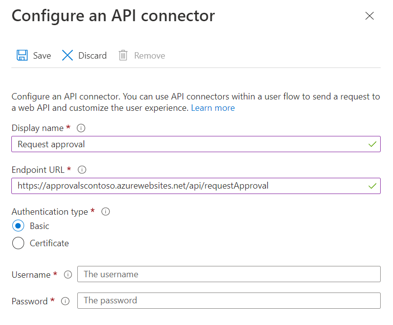 Schermopname van de configuratie van de API-connector voor goedkeuring van aanvragen.