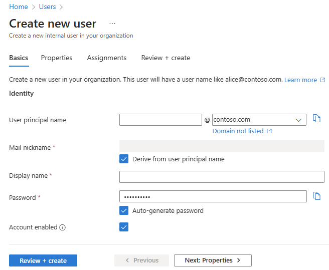 Screenshot of the create new user Basics tab.