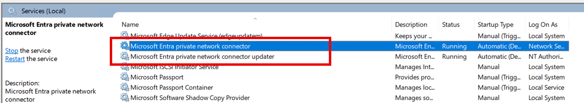 Schermopname van de privénetwerkconnector en connectorupdaterservices in Windows Services Manager.