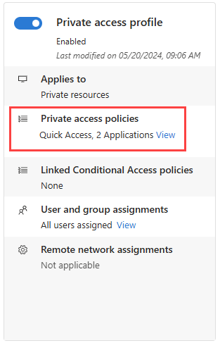 Schermopname van het Private Access-profiel, met de koppeling toepassingen weergeven gemarkeerd.