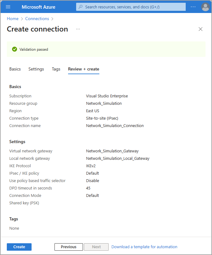 Schermopname van Azure Portal met configuratie-instellingen voor een site-naar-site-verbinding.