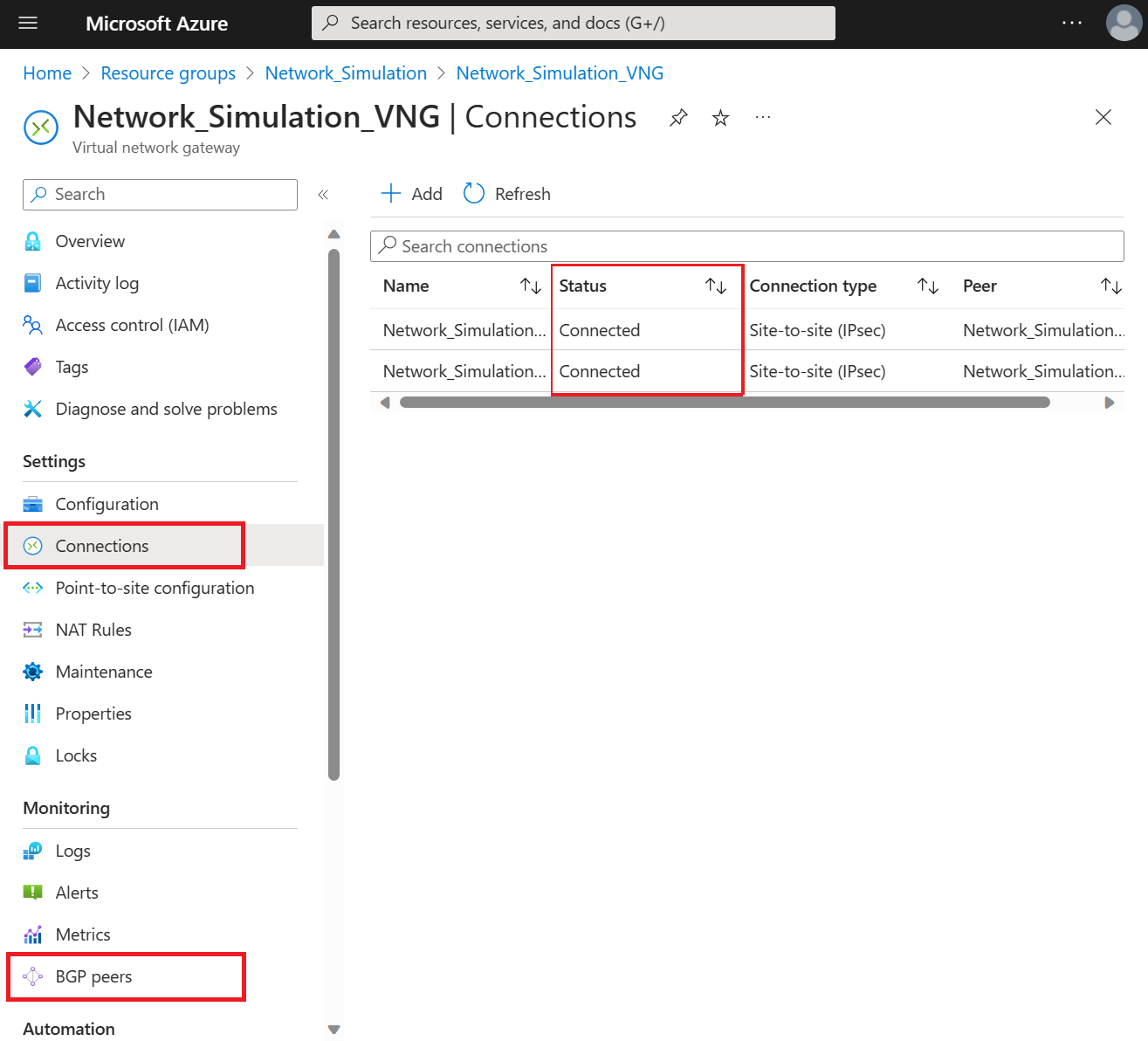 Schermopname die laat zien hoe u de verbindingsstatus voor uw virtuele netwerkgateway kunt vinden.
