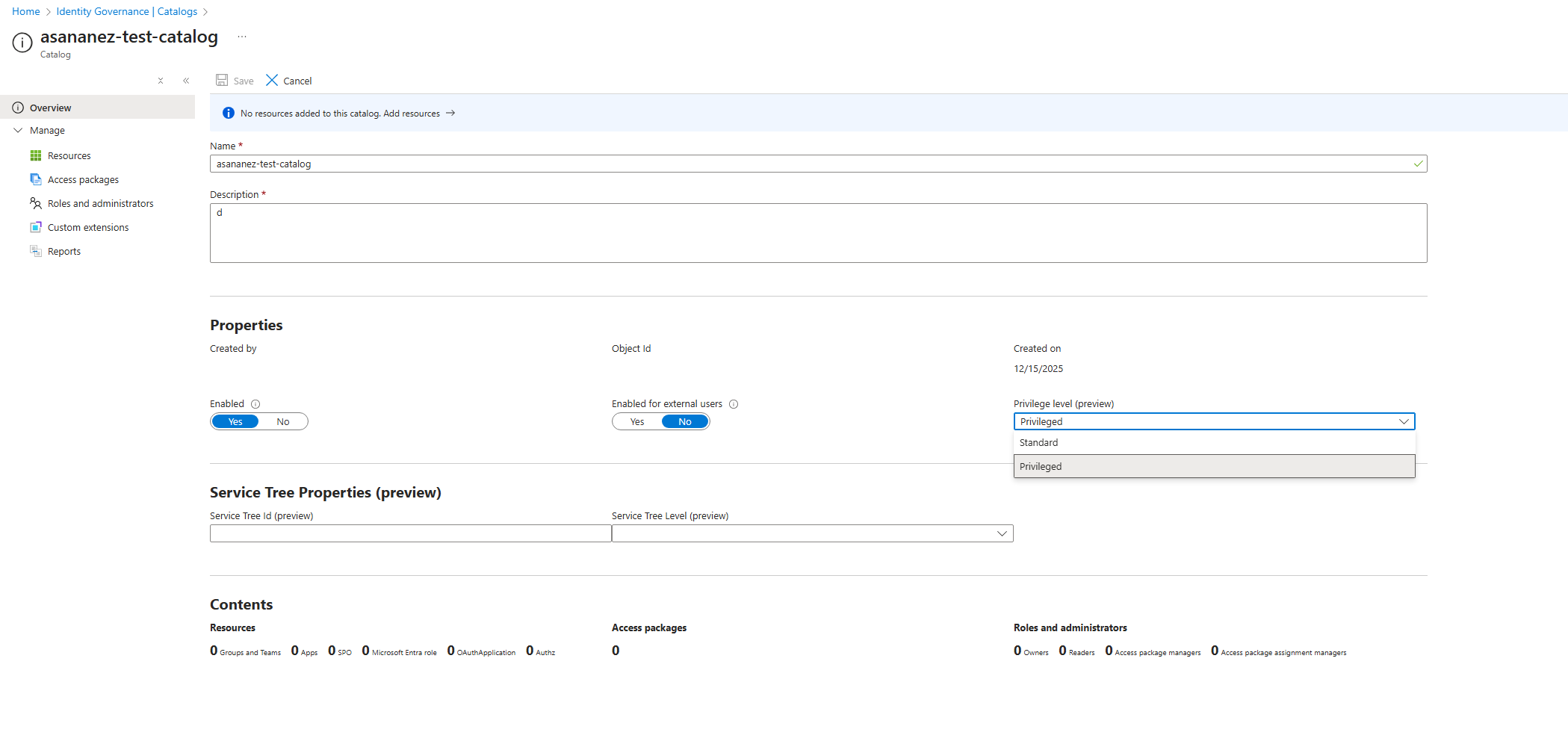 Schermopname van het bijwerken van het bevoegdheidsniveau in een catalogus.