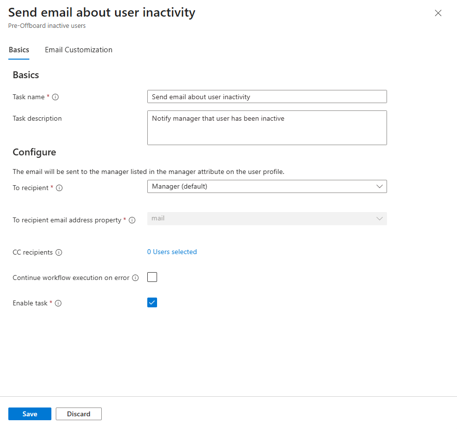 Schermopname van de taak Werkstromen: e-mail met inactiviteit verzenden.