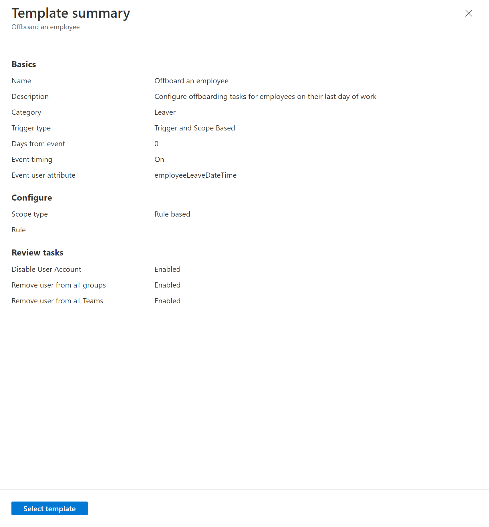 Screenshot van een werkstroom voor de levenscyclus van sjablonen voor uitdiensttredende werknemers.