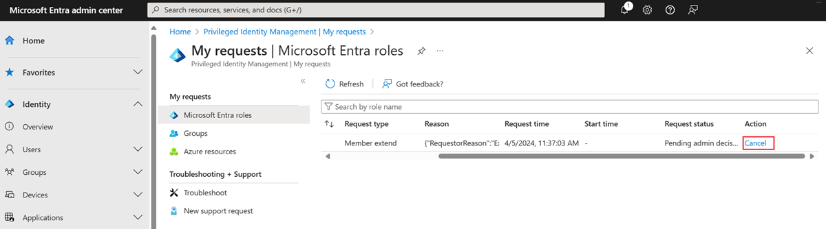 Schermopname van Microsoft Entra-rollen: pagina Aanvragen in behandeling met een aangevraagde aanvraag en een koppeling naar Annuleren.