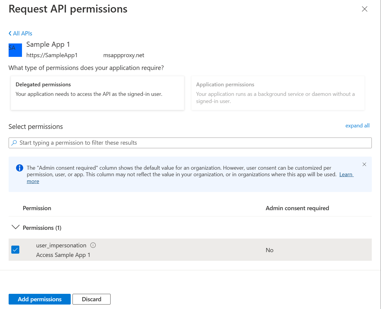 Detail van de API-machtigingen voor Microsoft Entra-appregistratie.