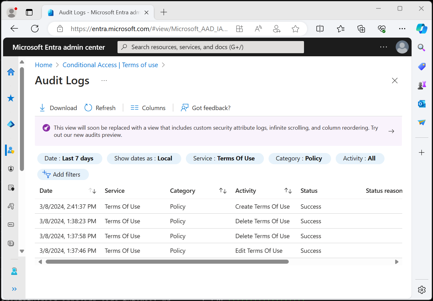 A screenshot showing the Microsoft Entra audit logs screen listing date, target policy, initiated by, and activity.