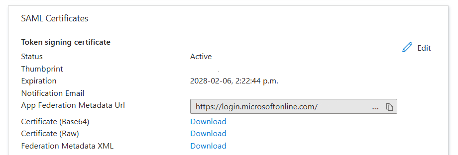 Schermafbeelding van de downloadopties voor SAML-ondertekeningscertificaten en federatiemetagegevens voor een bedrijfstoepassing.