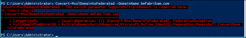 Schermopname die een federatiefout in PowerShell toont.