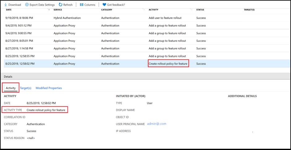 Het deelvenster Creëer uitrolbeleid voor functie - tabblad Activiteit