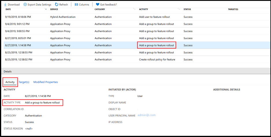 Het deelvenster Een groep toevoegen aan de uitrol van een functie - tabblad Activiteit