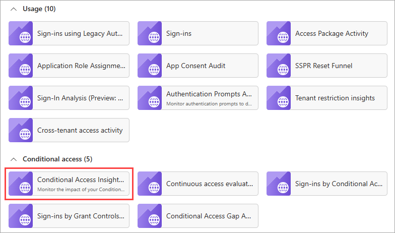 Schermafbeelding met de optie Voorwaardelijke toegang in Insights en Reporting.