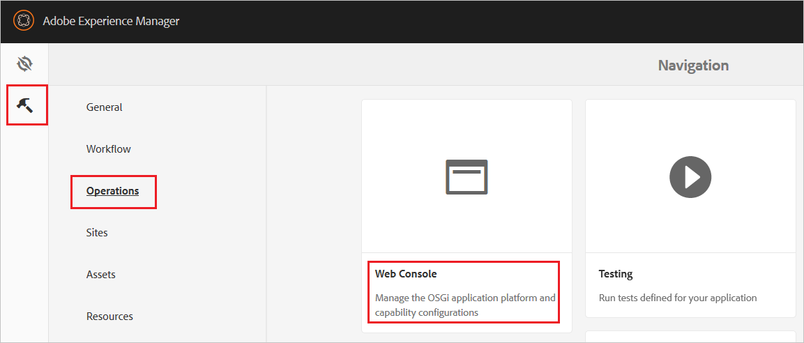 Schermopname waarin webconsole wordt gemarkeerd onder Bewerkingen in de sectie Instellingen.