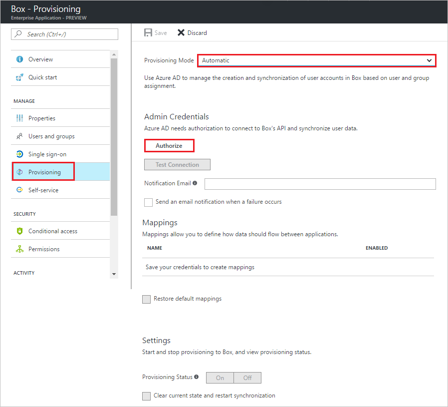 Schermopname van het tabblad Inrichten voor Box in Azure Portal. De inrichtingsmodus is ingesteld op Automatisch en Autoriseren is gemarkeerd in Beheerdersreferenties.