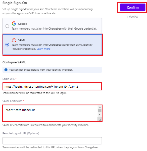 Schermopname van het dialoogvenster Single Sign-On met SAML geselecteerd en de optie om te bevestigen.