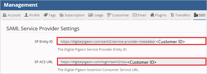 Schermopname van Digital Pigeon SAML Service Provider Instellingen.