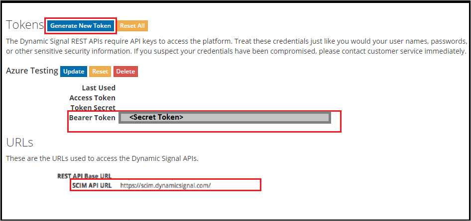 Schermopname van de Tokens-pagina, met SCIM-API-URL, Nieuw token aanmaken en Bearer token gemarkeerd, en een tijdelijke aanduiding in het vak voor Bearer token.