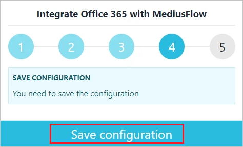 Schermopname van de MediusFlow-beheerconsole met de vierde integratiestap. De knop Configuratie opslaan is gemarkeerd.