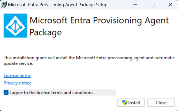 Schermopname van het welkomstscherm van het Microsoft Entra Connect Provisioning Agent Package.