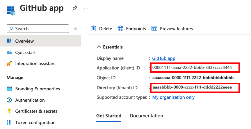 Screenshot that demonstrates how to copy the application ID and tenant ID from Microsoft Entra admin center.