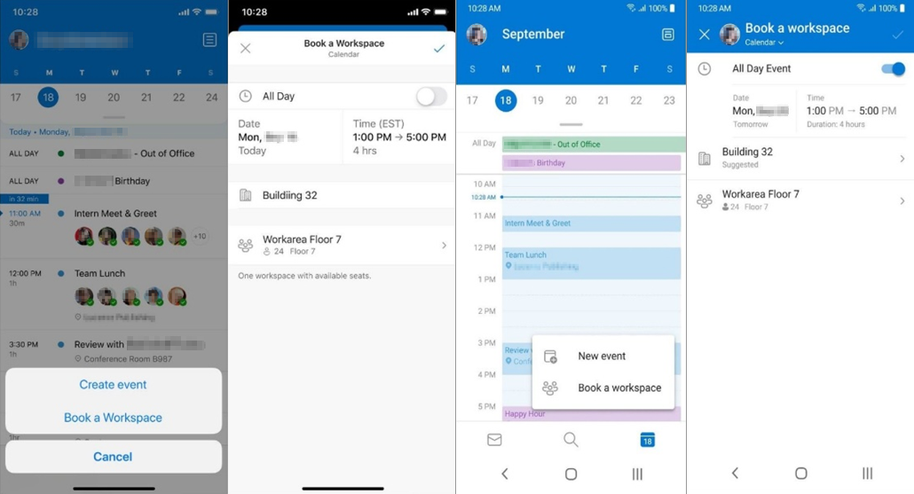 Schermopname van de werkruimte in Outlook voor iOS en Android.