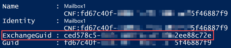 Schermopname van de opdrachtuitvoer waarin ExchangeGuid is gemarkeerd.