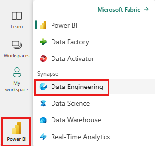 Schermopname die laat zien waar u de switcher en Data-engineer ing selecteert.