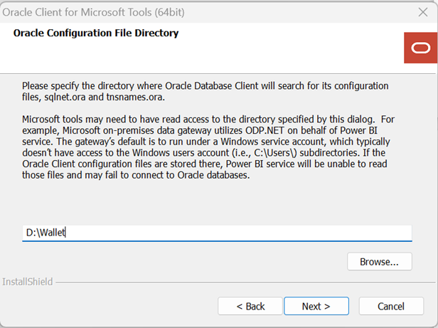 Schermopname van de pagina Oracle Configuration File Directory.