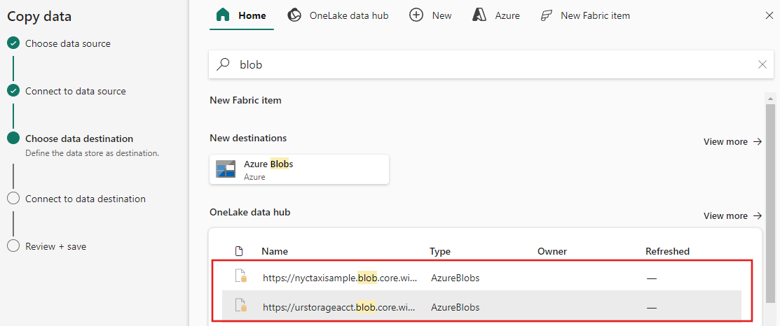 Schermopname die laat zien hoe u Azure Blob Storage selecteert.