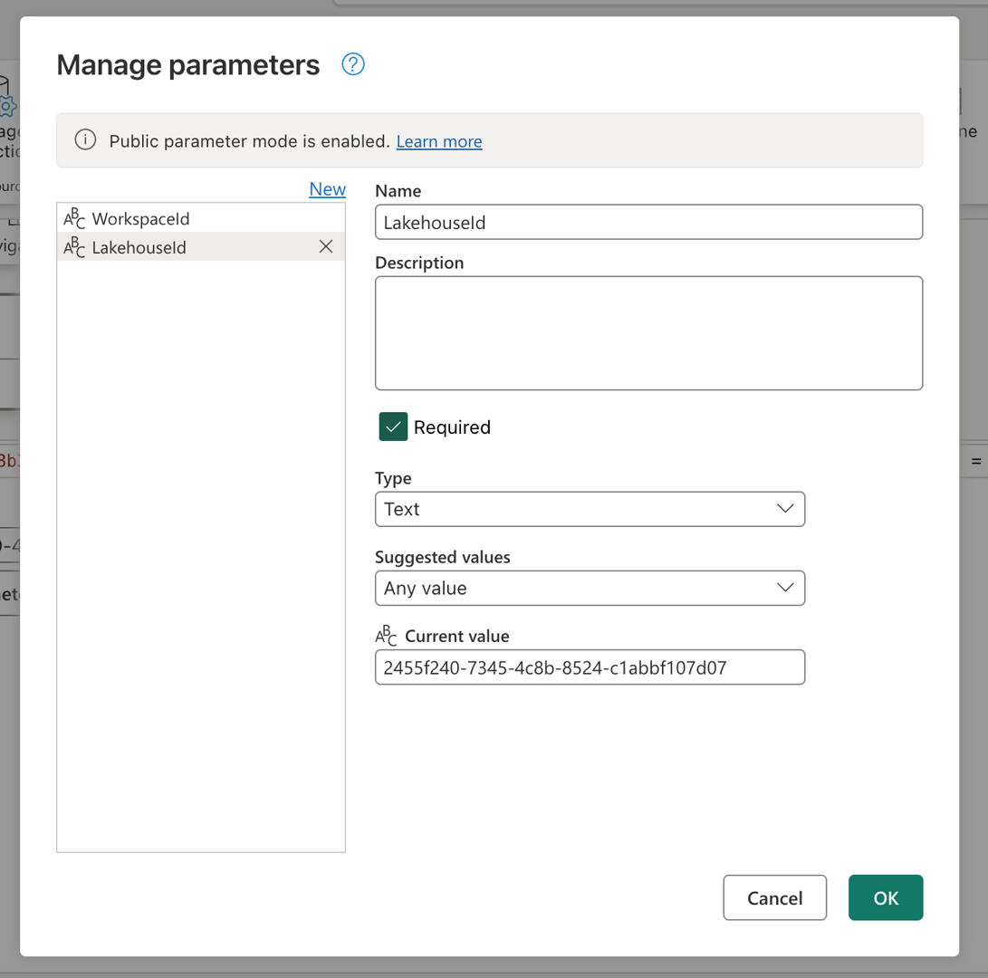Schermopname van de LakehouseId-parameter die is gemaakt in het dialoogvenster Parameters beheren.