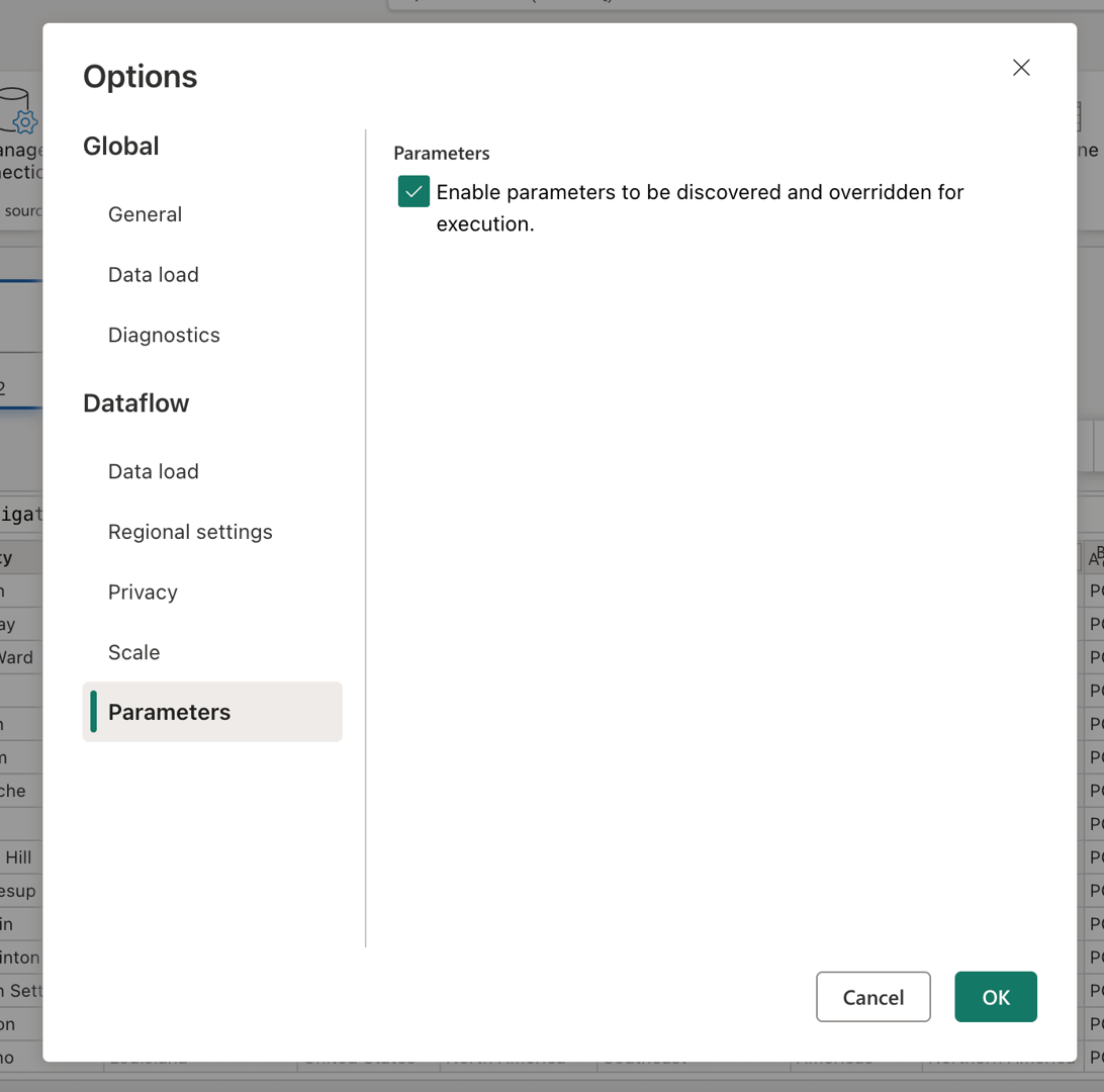 Schermopname van het dialoogvenster Opties in Dataflow Gen2 met de sectie Parameters, waarin de instelling 'Inschakelen om te worden gedetecteerd en overschreven voor uitvoering' wordt getoond.