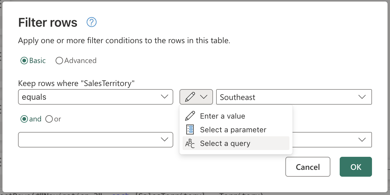Schermopname van de invoerwidget in het dialoogvenster Filterrijen met de optie om naar een query te verwijzen.