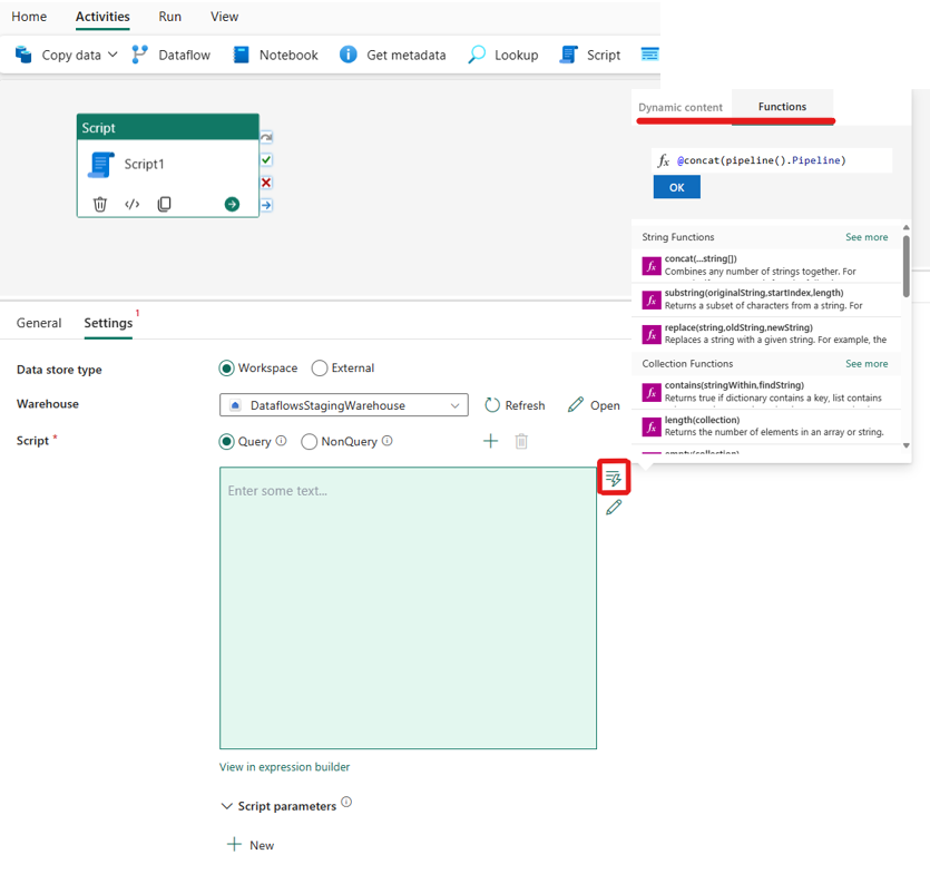 Schermopname van dynamische flyout-inhoud in scriptactiviteit.
