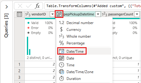 Schermopname van de selectie van het gegevenstype Datum/tijd voor de kolom IpepPickupDatetime.