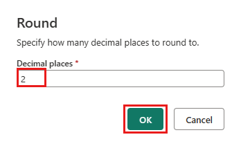 Schermopname van het dialoogvenster Ronde met 2 voor het aantal decimalen en de knop OK gemarkeerd.